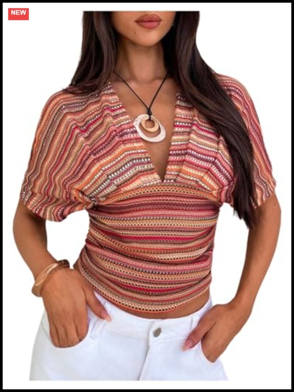 Boho Striped Geo Cinched Waist Crop Top V Neck Short Sleeve Summer Tee